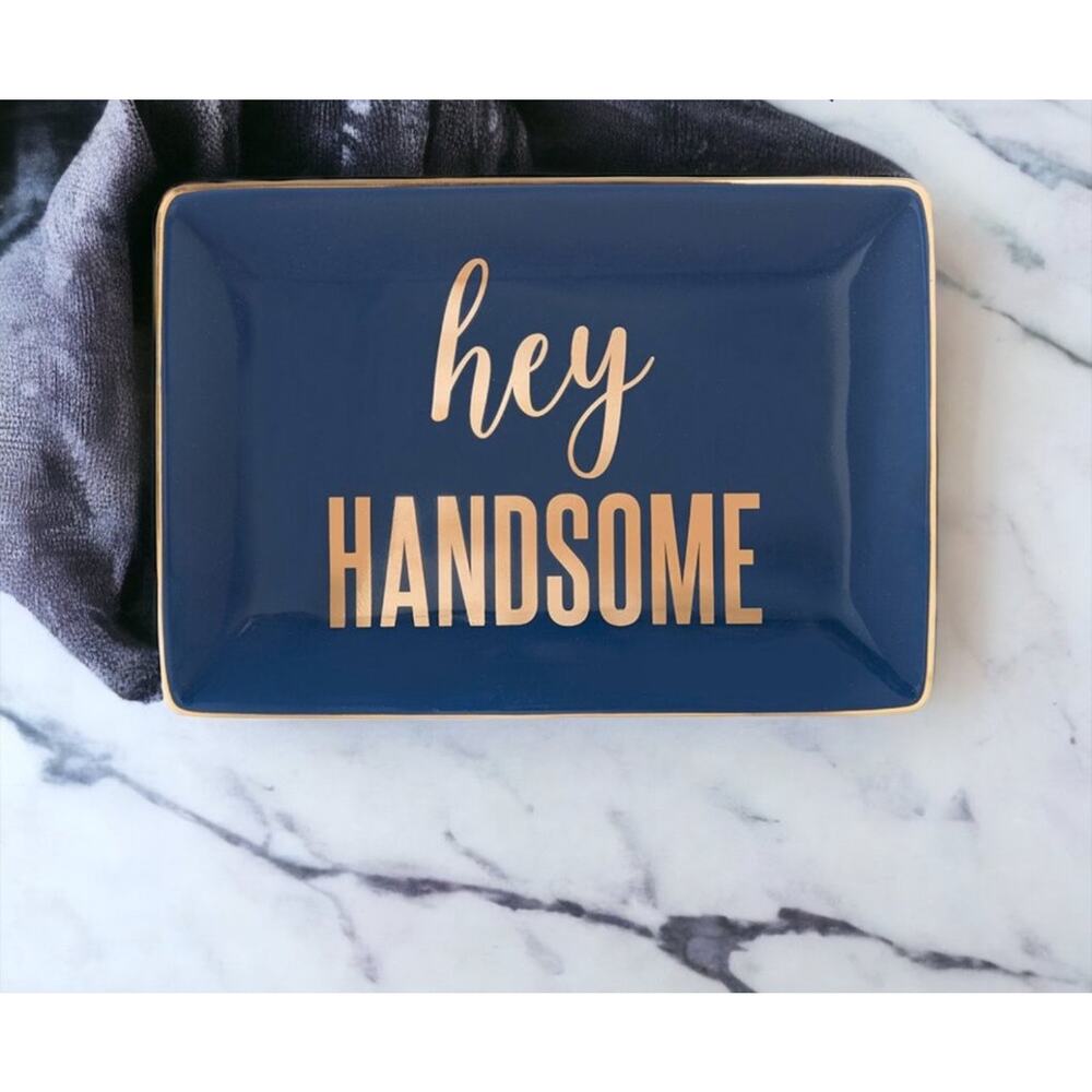 Lot of 5! Hey Handsome Navy Blue Gold Trim Ceramic Trinket Jewelry 6.25" x 4.25"